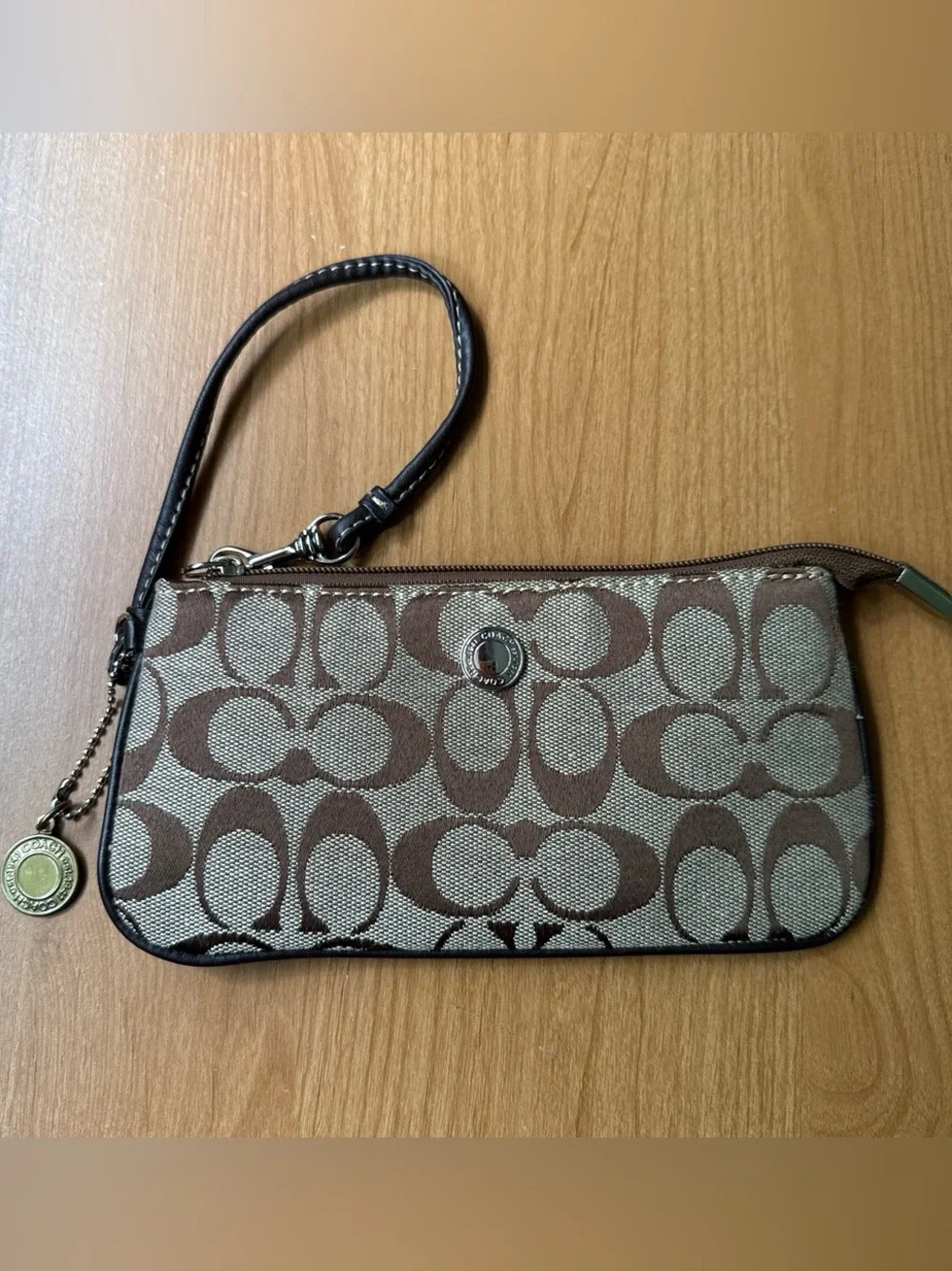 Coach Brown Signature Canvas Wristlet with Tan Accents